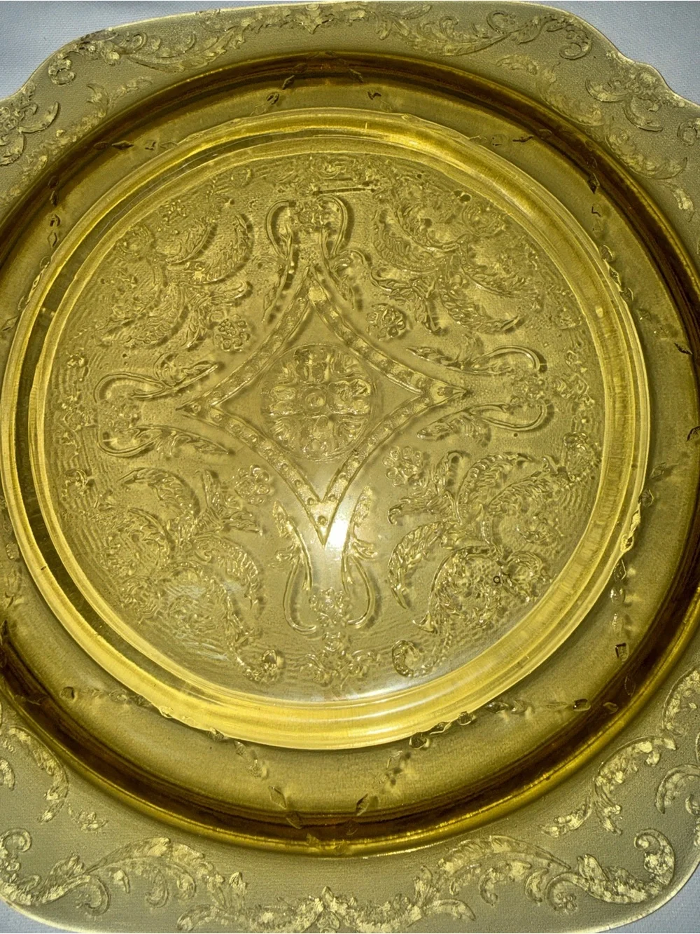 Vintage Amber Depression Glass Etched Square Luncheon Plates